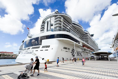 exterior shot of MSC Seashore cruise ship docked in Nassau, Bahamas