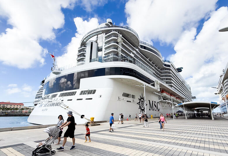 exterior shot of MSC Seashore cruise ship docked in Nassau, Bahamas
